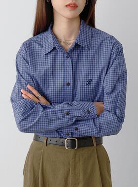 CHICCLO春秋季 海盐日记 全棉色织韩系复古百搭MIU系蓝色格纹衬衫