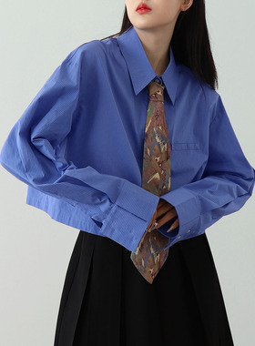 CHICCLO 2024秋季设计感小众短款衬衫女简约宽松休闲蓝色条纹衬衣