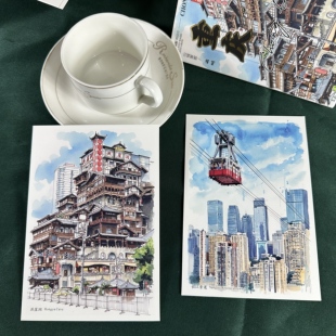 12张精美手绘城市风景明信片重庆地标景点卡片朝天门解放碑洪崖洞
