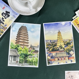 12张古都西安旅游纪念品手绘明信片大雁塔兵马俑钟楼鼓楼景点卡片