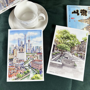 精美钢笔水彩明信片手绘大上海12张卡片陆家嘴外滩武康大楼迪士尼