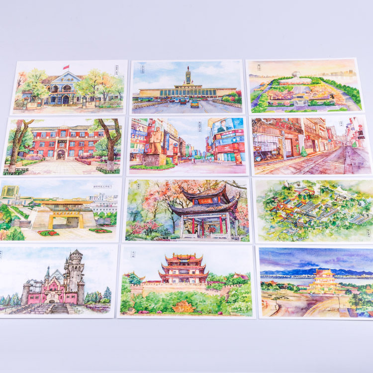 水彩手绘长沙明信片国防科技大学爱晚亭湖南第一师范湖南大学岳麓