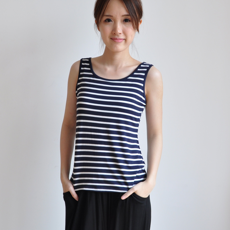 细横条纹背心女夏季带胸垫免穿文胸bra t修身打底衫百搭内搭上衣