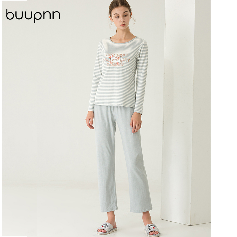 免穿文胸条纹睡衣套装女秋冬防凸点长袖带胸垫带内衣家居服可外穿