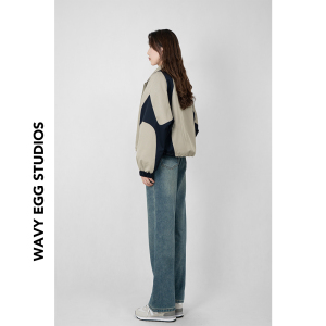 WAVY EGG波浪蛋派克服女冬季复古拼接立领冲锋衣加绒加厚短款外套