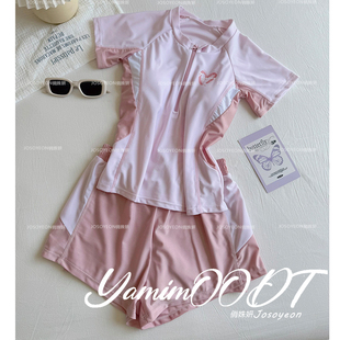 学生泳衣夏季 保守分体中大童遮肚显瘦可爱初中女孩泡温泉 甜美短袖