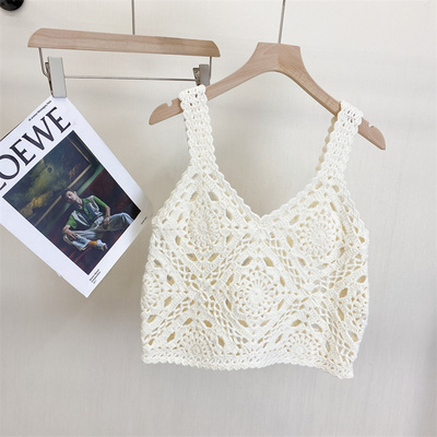 纯欲风手工钩花吊带背心夏季新款奶杏chci性感镂空洋气女外搭上衣