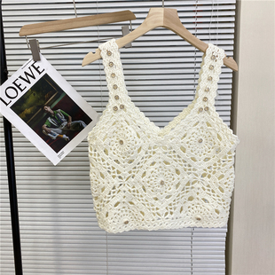 刺绣订钻奶杏手工钩花背心短款2022新款镂空外搭上衣显瘦性感吊带