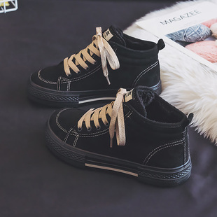 人本女鞋高帮帆布鞋加绒保暖棉二鞋中帮棉靴休闲板鞋2025冬季厚底