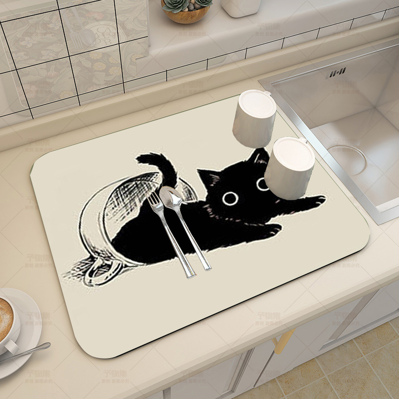 猫咪硅藻泥厨房沥水垫餐具碗盘控水垫免洗吧台桌面台面干燥吸水垫