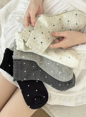 miu系花边袜子女秋季新款纯棉芭蕾风堆堆袜白色波点中筒袜外穿潮