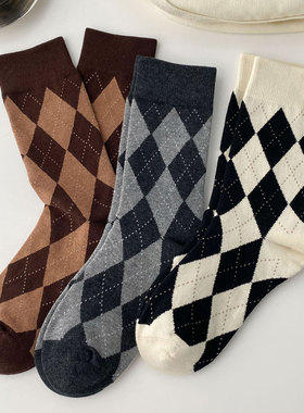 菱形格子袜子女秋冬季新款中筒袜堆堆袜纯棉咖色高筒长筒袜英伦风
