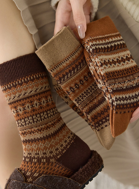 袜子女民族风中筒袜纯棉复古格纹配勃肯2025新款秋冬季加厚长袜
