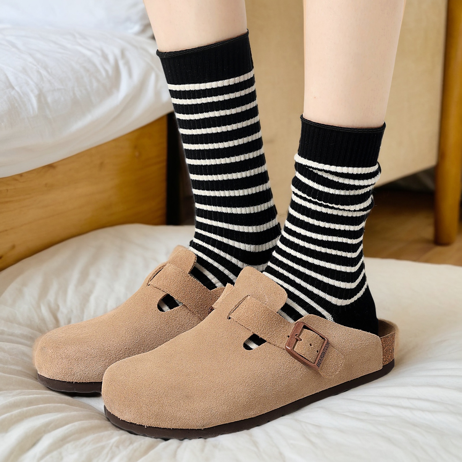 黑色袜子女款条纹高质量不起球纯棉秋冬堆堆袜ins潮无骨秋季中筒