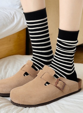 黑色袜子女款条纹高质量不起球纯棉秋冬堆堆袜ins潮无骨秋季中筒