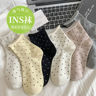 波点袜子女春秋季 韩系点点无骨纯棉中筒袜ins潮网红短袜卷边 薄款