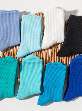 蓝色袜子女纯棉宝蓝色天蓝湖蓝克莱因蓝网红ins潮中筒袜春秋新款