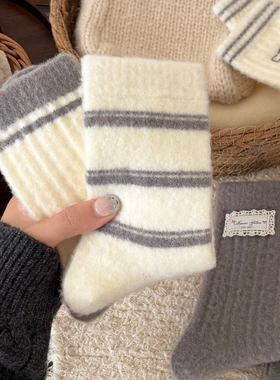 澳绒袜子女款灰色中筒袜秋冬季毛绒月子袜加绒加厚保暖居家地板袜