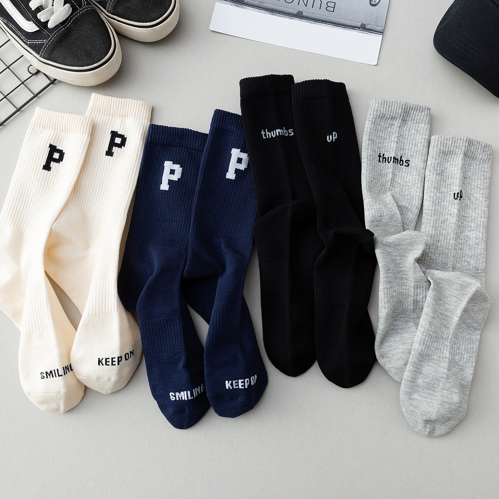 情侣袜子纯棉字母中筒袜外穿