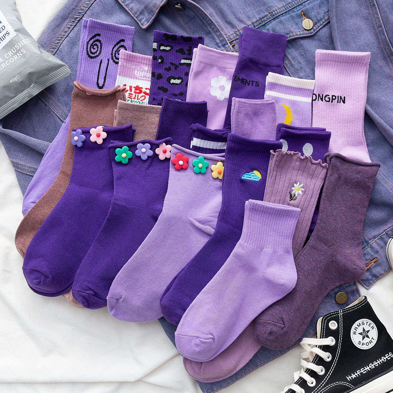 3紫色袜子女中筒袜ins潮纯棉夏季薄款长筒长袜网红韩国日系堆堆袜