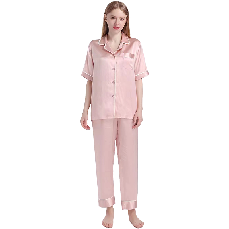 真丝睡衣套装家居服短袖纯色情侣