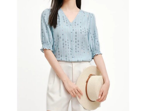 珂思正品桑蚕丝春夏V领印花衬衫通勤百搭上衣ED01449K1 KD01473E1