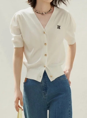 包邮仿佛正品商场同款夏季v领针织衫气质开衫女短袖上衣FZ00781V0