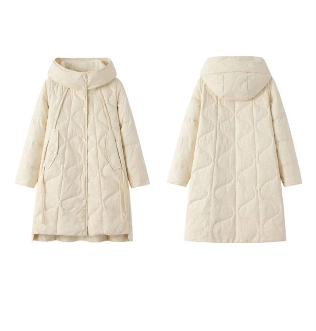 菀草壹国内代购米色连帽泡芙羽绒服中长款冬白鸭绒外套Y35220151