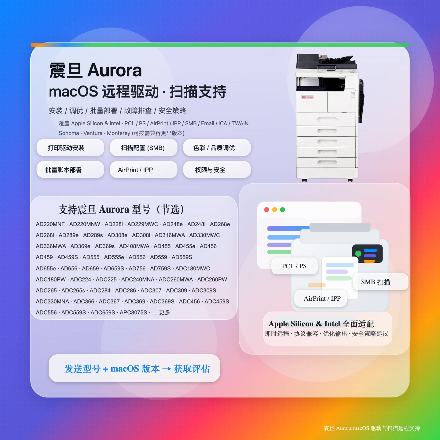 震旦Aurora打印机远程驱动安装扫描macOS部门码