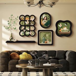 小众复古客厅装饰画组合画看书女孩绿植中古风沙发挂画组合套装画