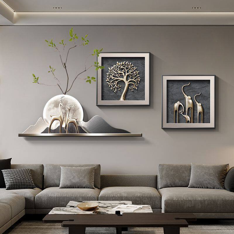 轻奢高级感客厅装饰画高档大气发财树大象沙发背景墙挂画麋鹿壁画