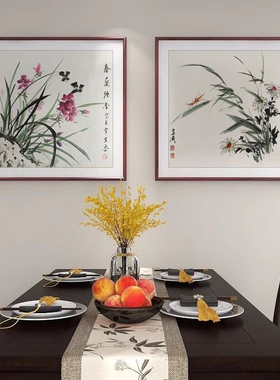 新中式茶室书房实木框挂画国画兰花客厅沙发背景墙装饰画餐厅壁画