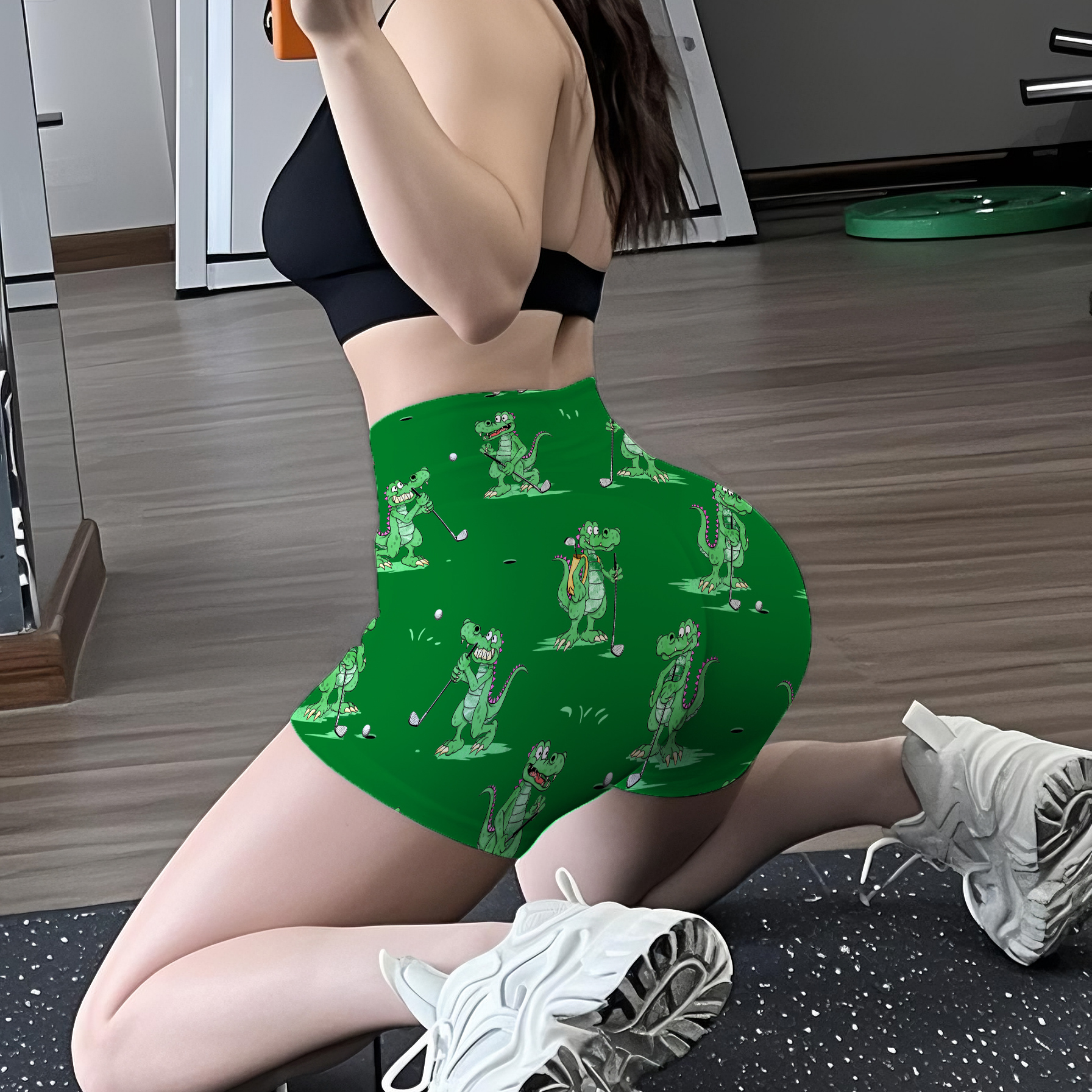 高尔夫鳄鱼时尚款瑜伽短裤高腰提臀三分裤运动健身短裤印花外穿女