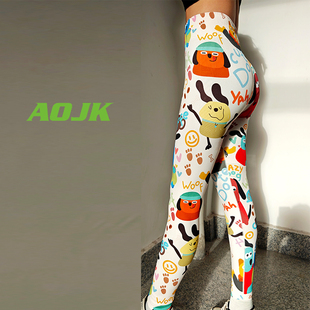 子印花健美裤 新款 提臀外穿紧身跑步裤 女蜜桃臀运动健身裤 瑜伽裤