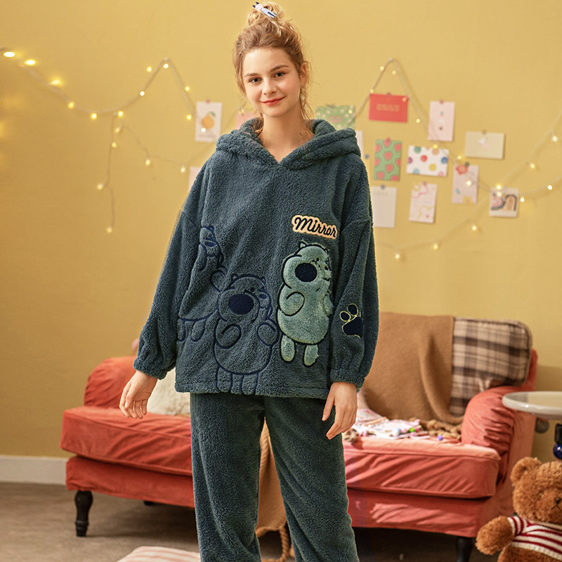 雪尔绵秋冬睡衣家居服连帽韩版可爱卡通女士加厚保暖北极绒可外穿