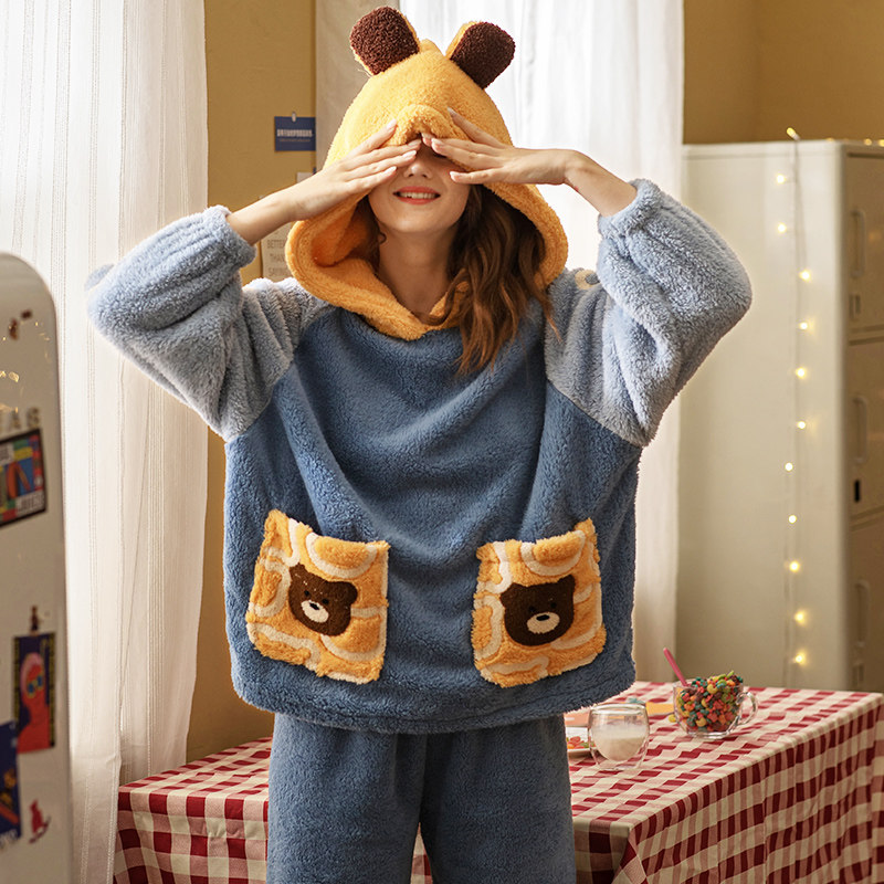 雪尔绵秋冬睡衣家居服套装长袖北极绒可爱卡通甜美加厚保暖可外穿