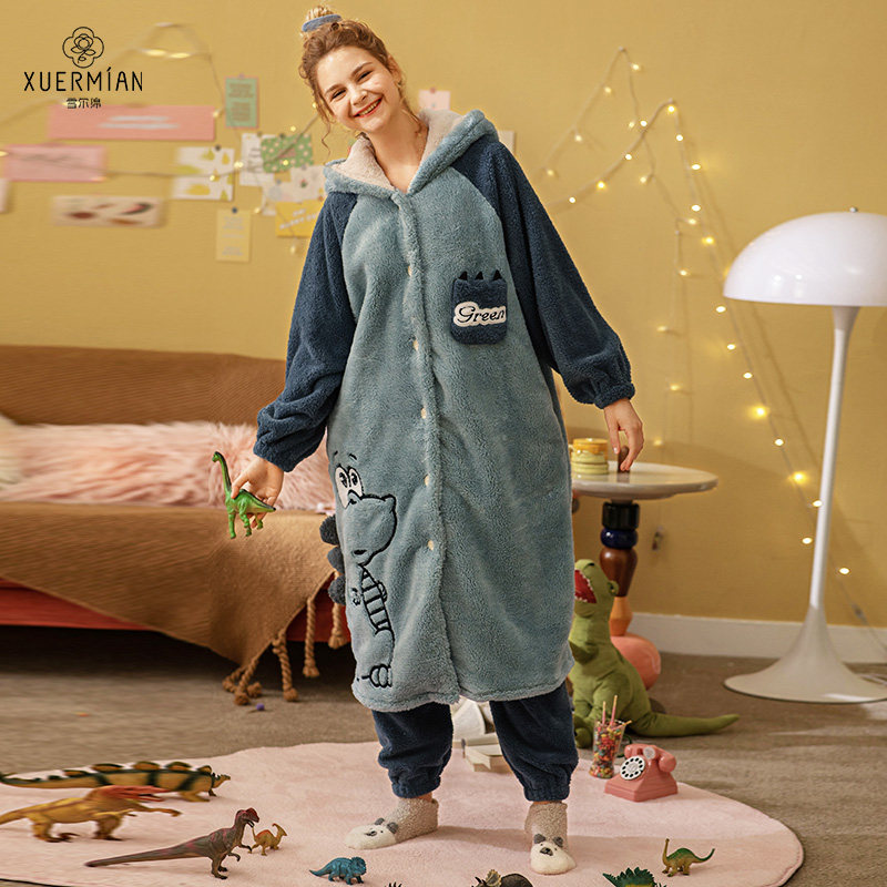 ISJOENA/伊姿娇娜冬季新品睡衣睡袍家居服连帽北极绒中长款加厚袍