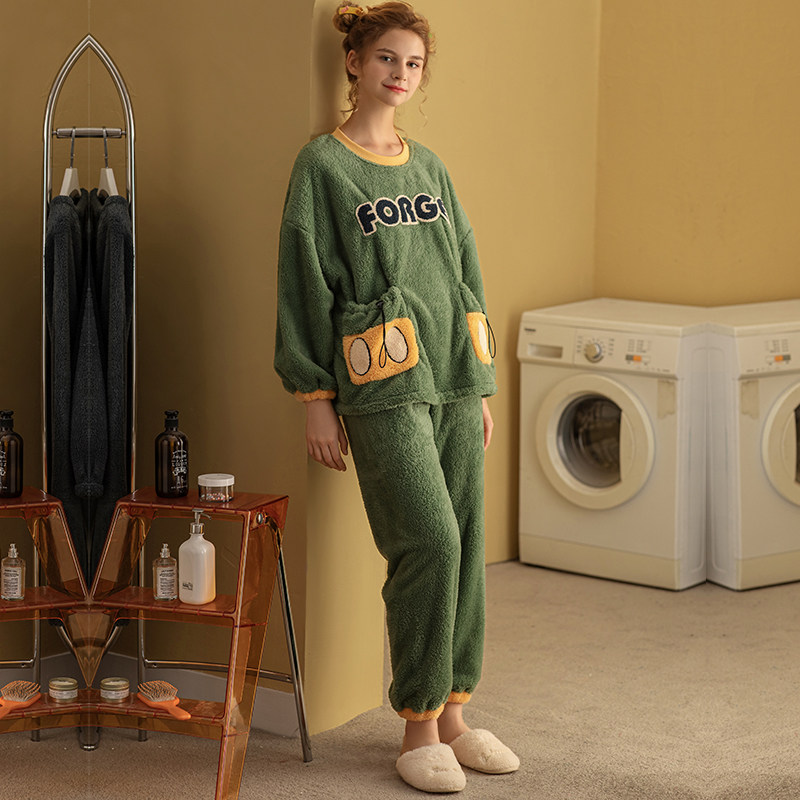 雪尔绵秋冬女士睡衣加厚保暖加绒韩版可爱套头圆领北极绒可外穿