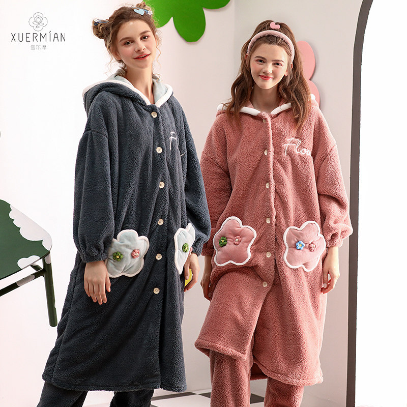 雪尔绵秋冬新款女士睡衣闺蜜装睡袍家居服连帽可爱加厚保暖北极绒