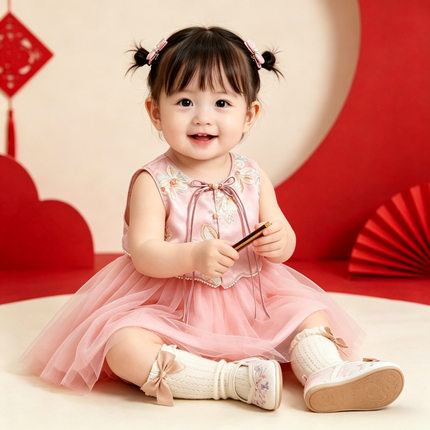 周岁女宝夏季礼服裙26新款女童粉色可爱网纱公主裙国风刺绣连衣裙
