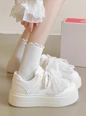 2026新款流行小白鞋女厚底蕾丝系带板鞋女学生百搭休闲增高运动鞋