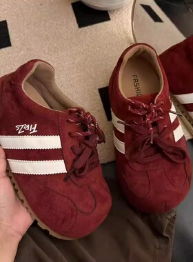 复古拼色德训鞋女红色厚底百搭运动鞋春季新款时尚系带休闲女板鞋