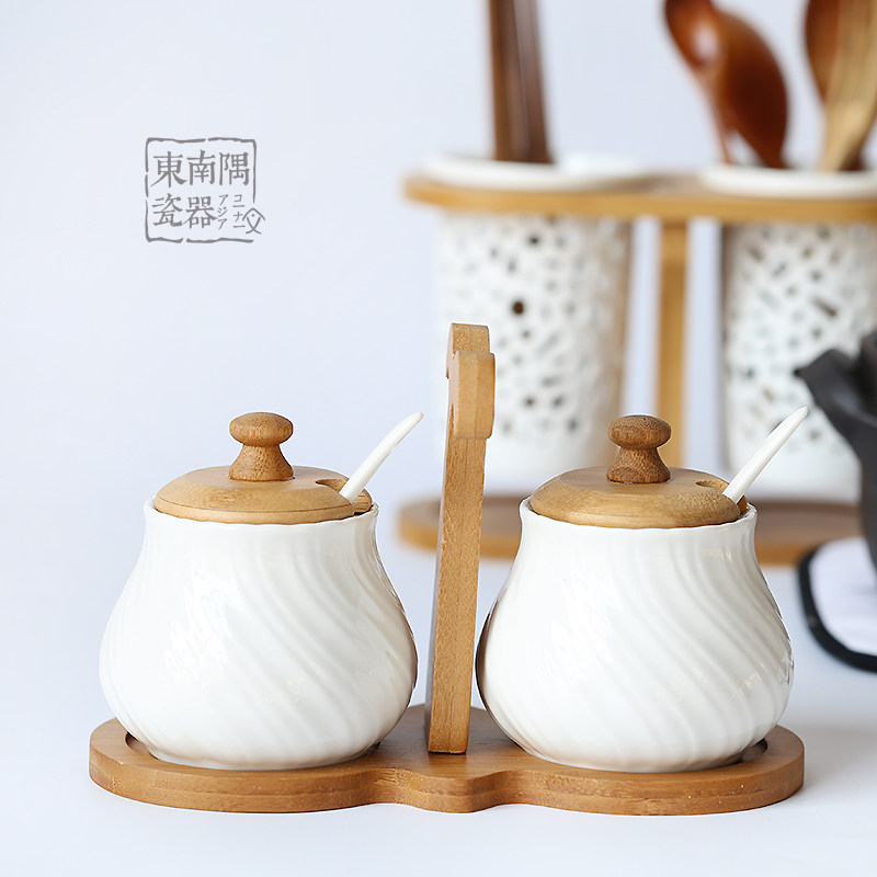 纯白日式简约陶瓷调味罐木盖组合 出口盐罐收纳套装手拎式调料瓶