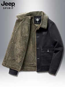 吉普牛仔加绒棉衣外套男冬季中老年爸爸加厚棉服羊羔绒翻领夹克冬
