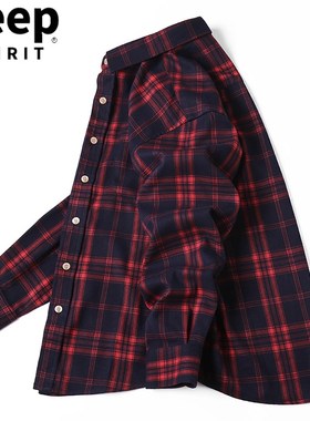 吉普格子衬衫男春秋季厚款休闲长袖上衣衬衣红色磨毛外套男士