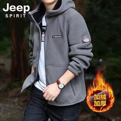 JEEP SPIRIT加绒夹克男秋冬季休闲加厚摇粒绒连帽外套男士抓绒衣