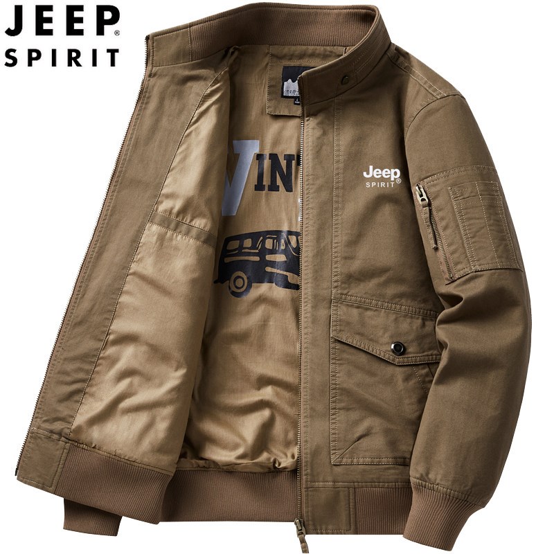 JEEP吉普全棉工装多口袋外套男春秋户外休闲飞行员夹克衫复古上衣