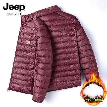 吉普JEEP羽绒服男冬季中老年爸爸轻薄保暖枣红色短款休闲运动外套