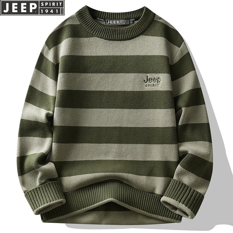 Jeep吉普纯棉撞色条纹毛衣男士秋冬款保暖男生内搭针织衫男秋冬季