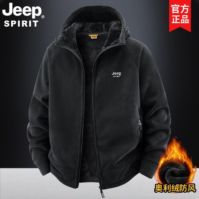JEEP吉普摇粒绒连帽棉衣男冬季2025新款加绒外套上衣加厚冬装卫衣